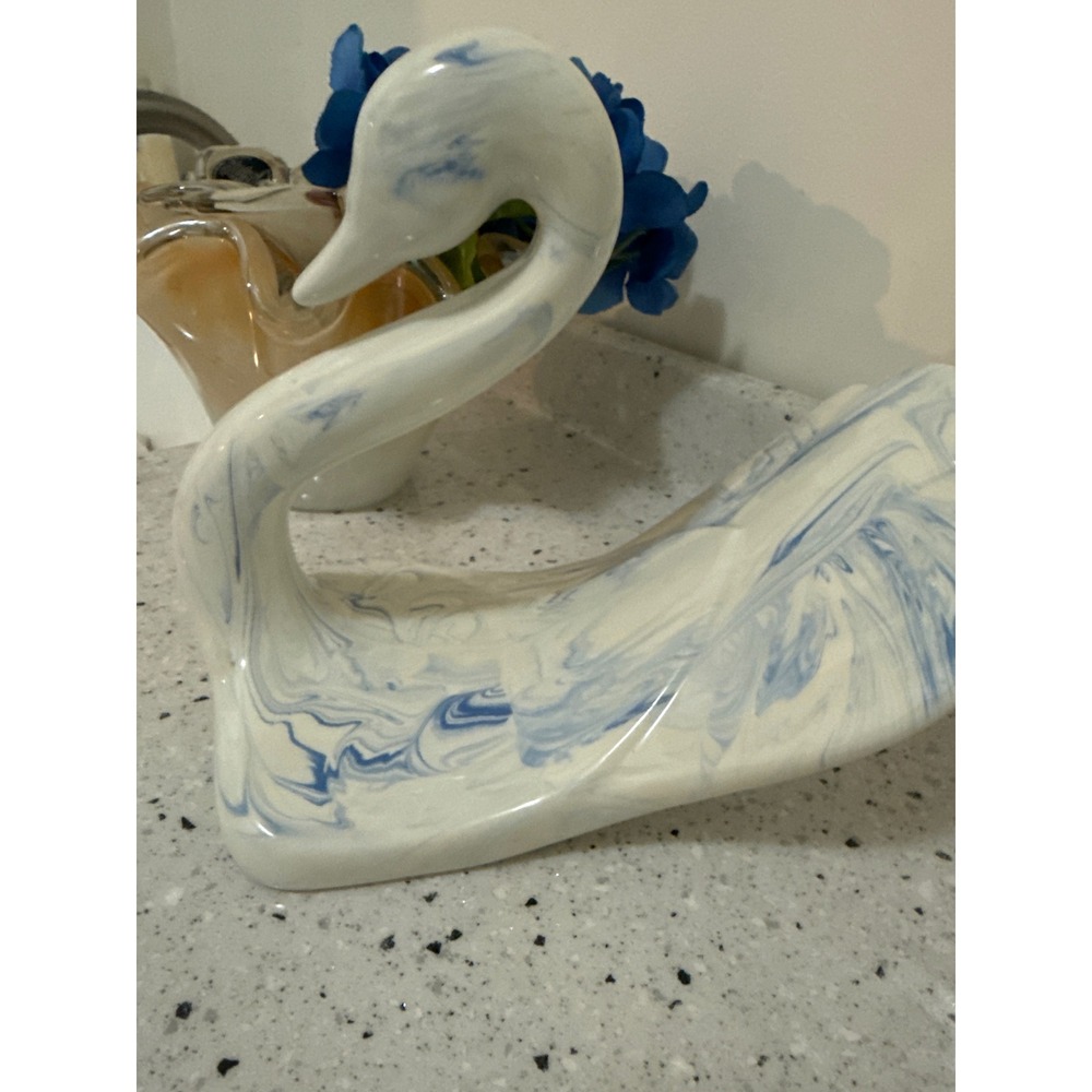 Vintage Blue and White Marble Ceramic Swan Figurine Studio Pottery 1002